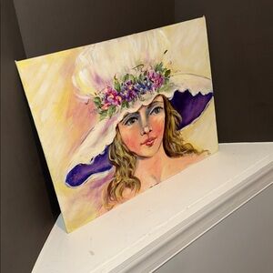 Elegant original Portrait Painting of Young Woman with Floral Hat